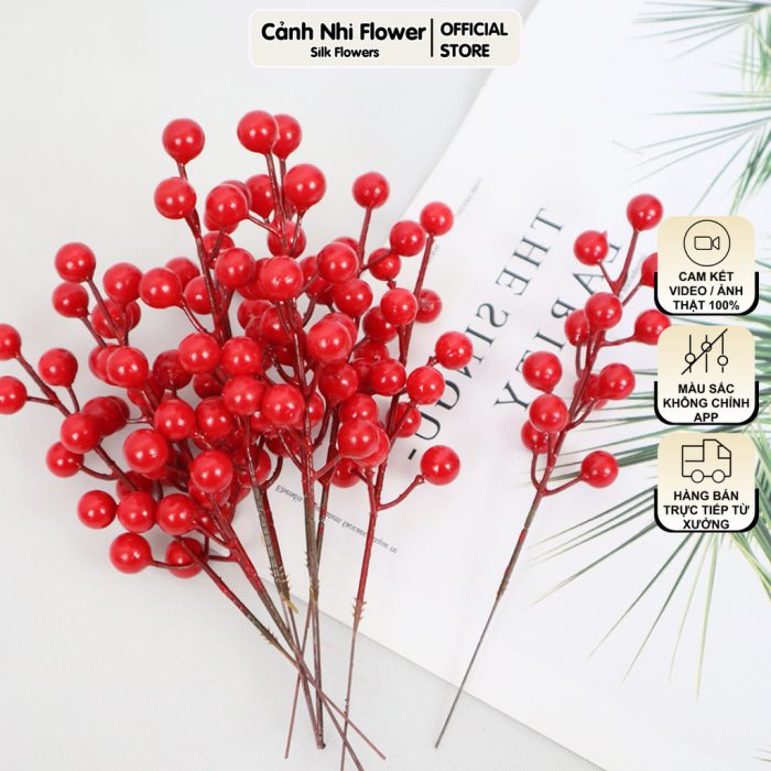 Nhánh Quả Anh Đào - Đào Đông, Cherry Giả Trang Trí Tháp Nước, Tháp Bánh, Oản Tài Lộc - Trang Trí Tết 2025