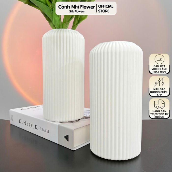 Bình nhựa trắng trụ cao vân sọc - Cao 20cm - Miệng bình 5cm - Cắm hoa giả trang trí - Cảnh Nhi Flower